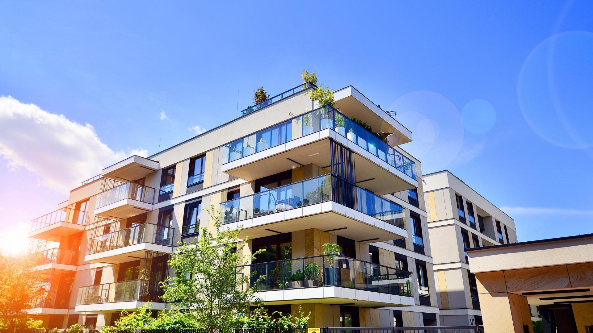 Modern apartment building facade, new apartment buildings exterior.