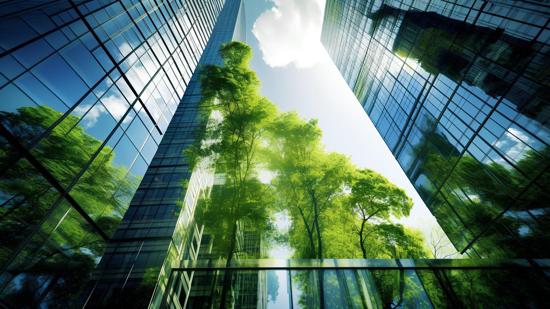 Exemplifying the ESG - Environmental, Social, Governance concept, a corporate glass building facade reflects green trees. Importance of integrating sustainability into business practice. Generative AI