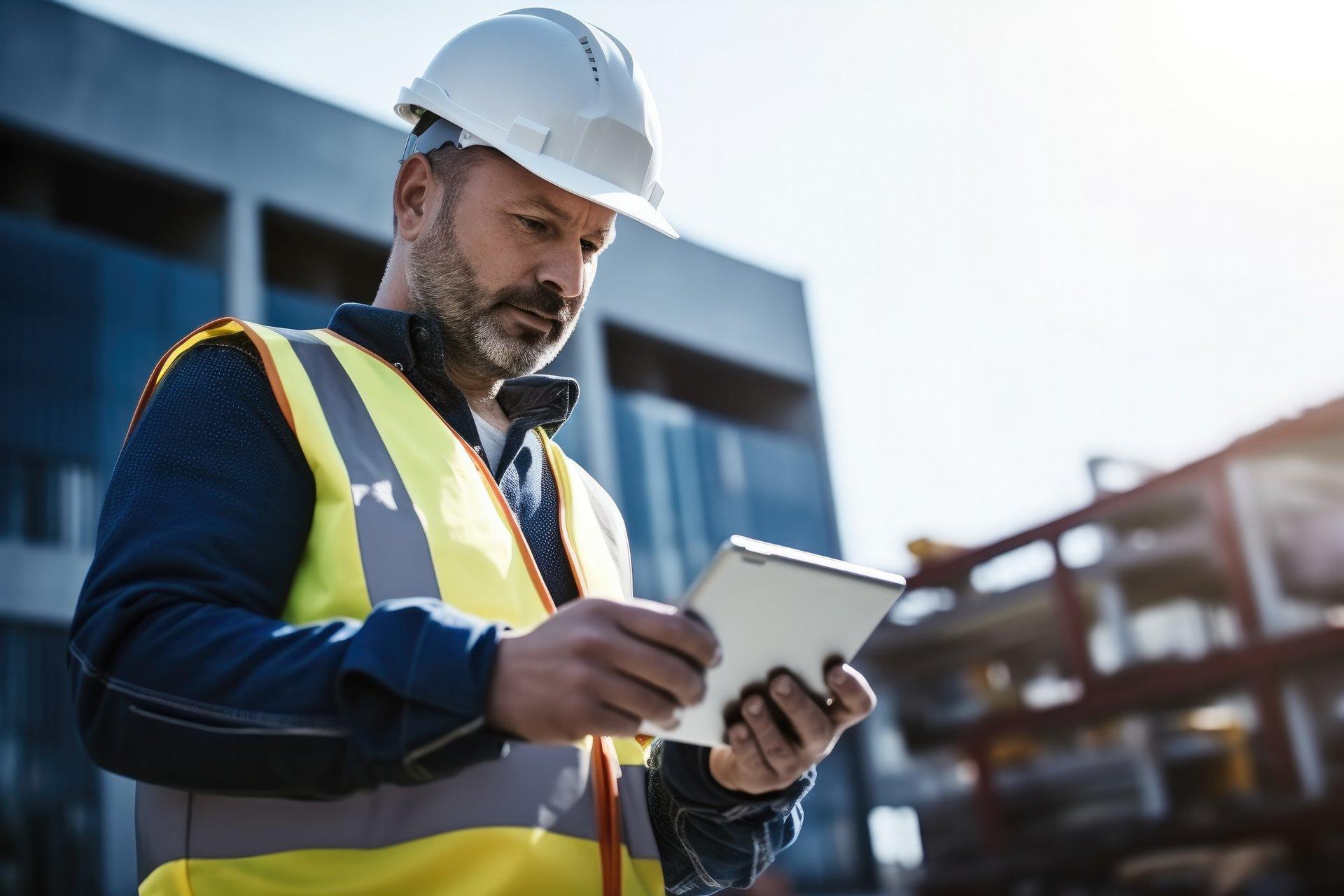 Smart Construction Project management system concept, Engineer using a digital tablet on a construction site.